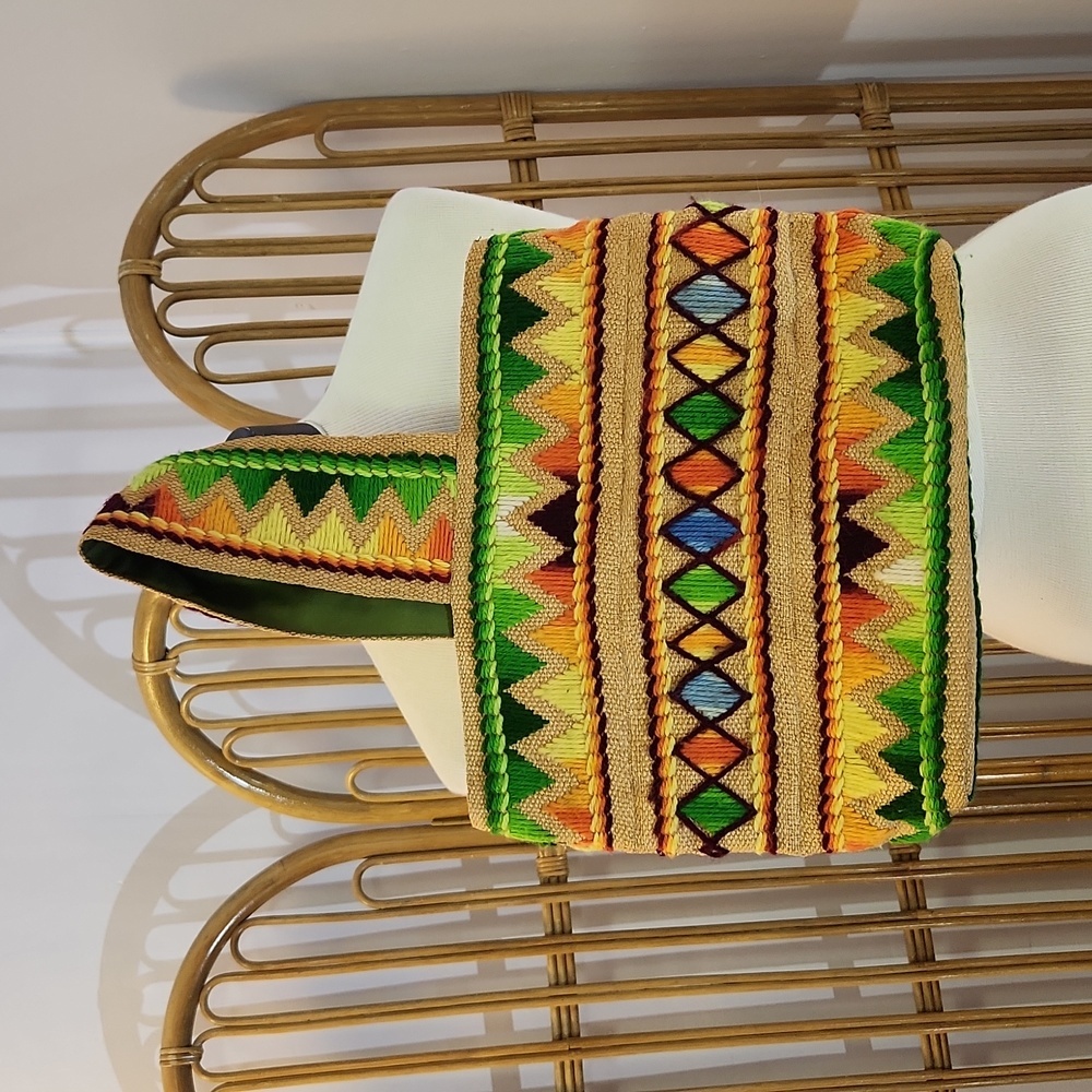 Handmade vintage canvas embroidered tote green orange yellow brown blue Boho